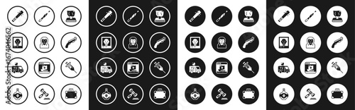Set Kidnaping, Thief mask, Wanted poster, Baseball bat with nails, Police shotgun, Marijuana joint, Syringe and TV News car icon. Vector