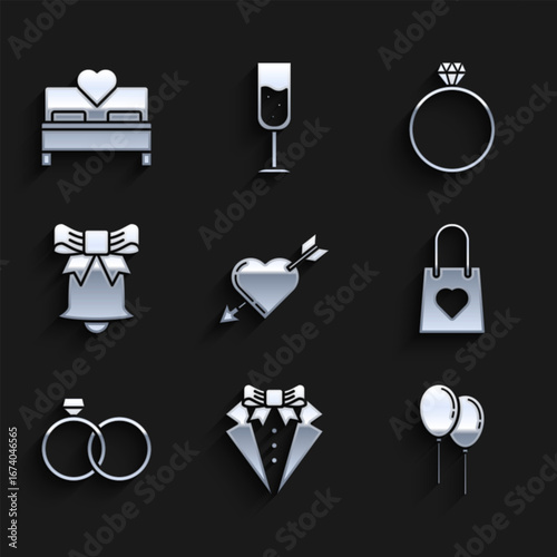 Set Amour symbol with heart and arrow, Suit, Balloons ribbon, Shopping bag, Wedding rings, Ringing bell, Diamond engagement and Bedroom icon. Vector