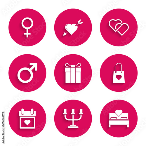 Set Gift box, Candlestick, Bedroom, Shopping bag with heart, Calendar, Male gender symbol, Two Linked Hearts and Female icon. Vector