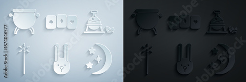 Set Rabbit with ears, Witch cauldron and magic stone, Magic wand, Moon stars, Playing cards and icon. Vector