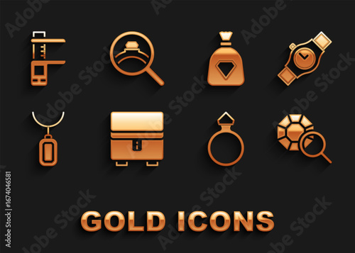 Set Jewelry box, Wrist watch, Gem stone, Diamond engagement ring, Pendant necklace, Bag with gems, Calliper or caliper and scale and icon. Vector