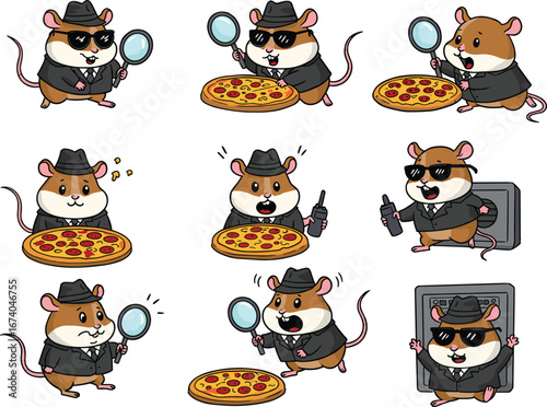 Cute cartoon detective hamster wearing sunglasses and hat, investigating pizza with magnifying glass, holding walkie-talkie, showing surprise and joy expressions
