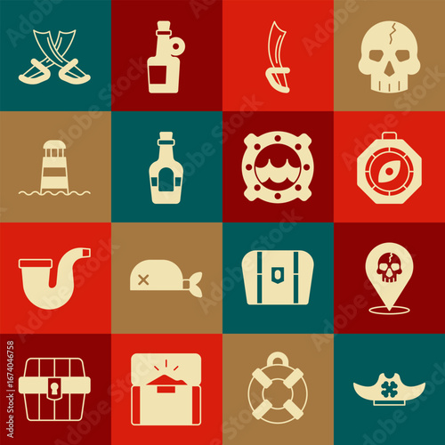 Set Pirate hat, Location pirate, Compass, sword, Alcohol drink Rum, Lighthouse, Crossed swords and Ship porthole with seascape icon. Vector