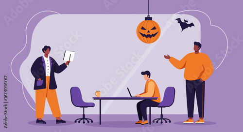 Diverse team collaborating in a modern office, celebrating Halloween with festive decorations. Ideal for business, seasonal work, or team culture concepts.
