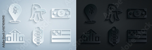 Set Hotdog sandwich, Stacks paper money cash, White House, American flag, Eagle and icon. Vector