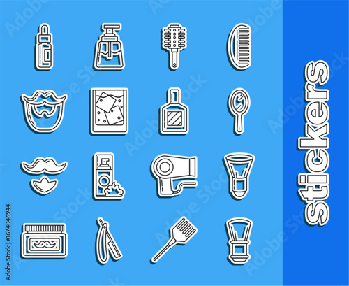 Set line Shaving brush, Hand mirror, Hairbrush, Glass of whiskey ice cubes, Mustache beard, bottle with pipette and Aftershave icon. Vector