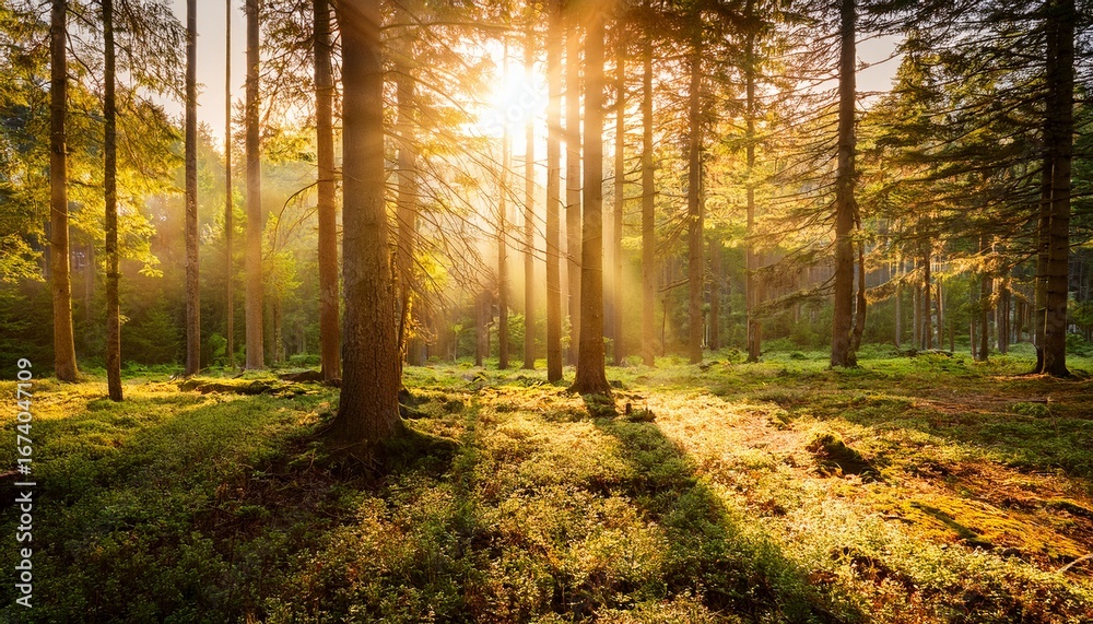 Fototapeta premium a quiet forest clearing with sunlight filtering through the trees the peaceful scene bathed in warm golden light
