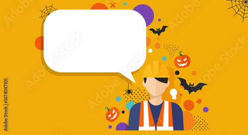 Worker in hard hat with speech bubble. Festive Halloween background with pumpkins, bats, spiders. Ideal for seasonal safety or holiday announcements.