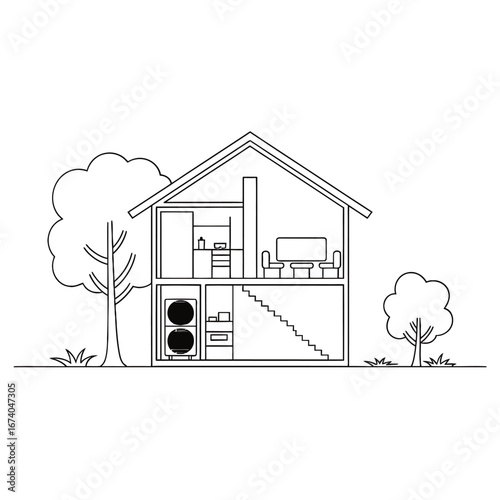 Architectural cross section drawing of a modern house with trees