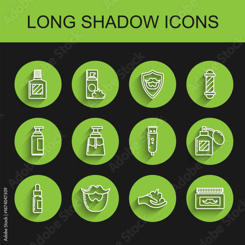 Set line Glass bottle with a pipette, Mustache and beard, Aftershave, Shaving gel foam on hand, Cream or lotion cosmetic jar, and Electrical hair clipper shaver icon. Vector