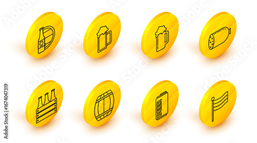 Set line National Germany flag, Beer can, Wooden barrel, Pack of beer bottles, Salami sausage, Glass, and and wooden icon. Vector