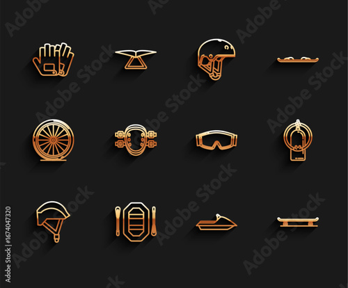 Set line Bicycle helmet, Rafting boat, Gloves, Jet ski, Skateboard, Knee pads, Aqualung and Ski goggles icon. Vector