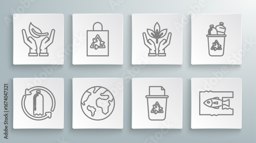 Set line Recycling plastic bottle, Plastic bag with recycle, Earth globe, Recycle bin symbol, Stop ocean pollution, Plant hand of environmental protection, and Sprout icon. Vector
