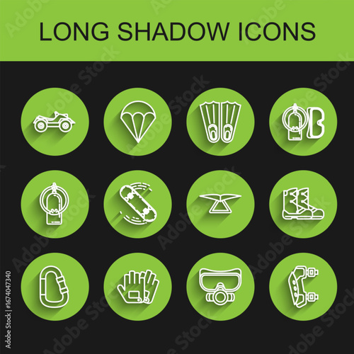 Set line Carabiner, Gloves, All Terrain Vehicle or ATV motorcycle, Diving mask, Knee pads, Skateboard trick, Boots and Hang glider icon. Vector