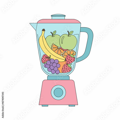 Pastel cartoon blender with fresh fruits: banana green apples grapes strawberries orange slices ready for smoothie.