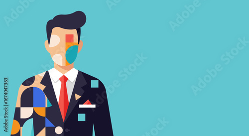 Modern flat design of a businessman with abstract geometric patterns, symbolizing identity, complexity, and diverse perspectives in professional contexts. Ample copy space.