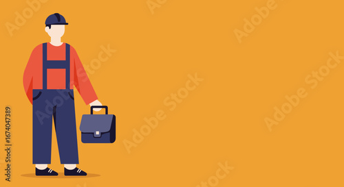 Illustration of a skilled worker or tradesperson in a hard hat and overalls, holding a toolbox, ready for work. Ideal for industry, construction, or maintenance themes with copy space.