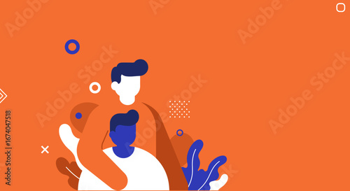 Abstract illustration of an adult embracing a child, symbolizing family, protection, and support on a vibrant orange background. Ideal for modern lifestyle and community concepts.