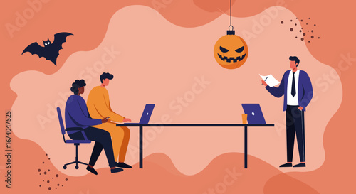 Team collaboration in a festive office setting, decorated for Halloween. Business professionals working together, combining productivity with seasonal spirit.
