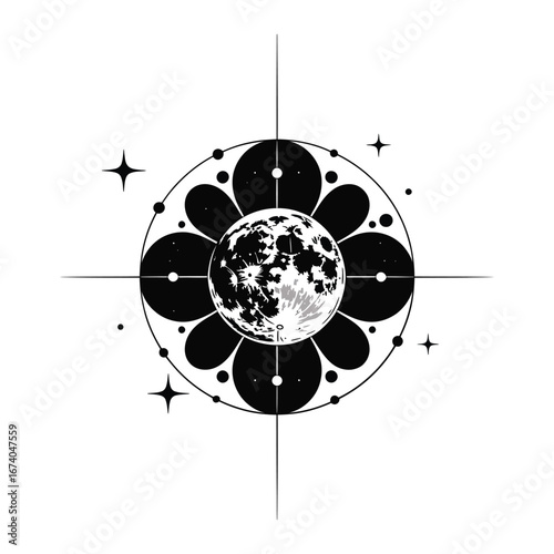 Mystical celestial mandala with full moon and stars