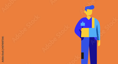 Professional flat design illustration of a male worker in a blue and yellow uniform, symbolizing service, maintenance, or essential business roles.
