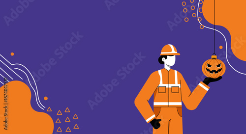 Professional in orange uniform holding a Halloween jack-o'-lantern, blending work and holiday spirit. Ideal for seasonal business promotions or safety awareness during festivities.