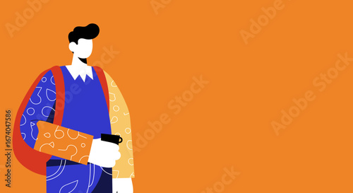 A modern, confident person with a backpack and coffee, ready for work, study, or daily adventures. Represents urban lifestyle, education, and busy routines.