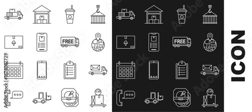 Set line Scale with cardboard box, Post truck, Coffee cup, Mobile phone app delivery tracking, Cardboard traffic symbol, Delivery boxes and Free service icon. Vector