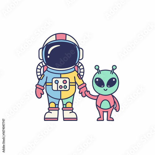 Cartoon Astronaut and Alien Holding Hands Wearing Space Suits Cute Illustration.