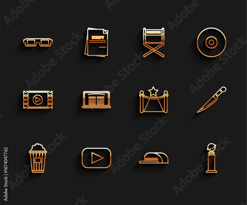 Set line Popcorn in cardboard box, Play, 3D cinema glasses, Cap with inscription director, Trophy Golden Globe, Buy ticket online, Knife and Carpet barriers and star icon. Vector