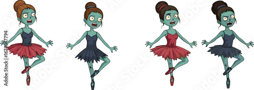 Zombie ballerina cartoon vector set, spooky undead dancers clipart, funny horror ballet girls, Halloween dance characters, scary cartoon ballerinas in tutu