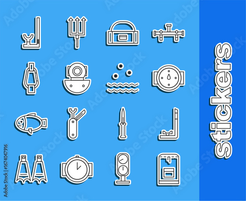 Set line Backpack, Snorkel, Wind rose, Case box container for wobbler, Aqualung, Carabiner, and Cold and waves icon. Vector