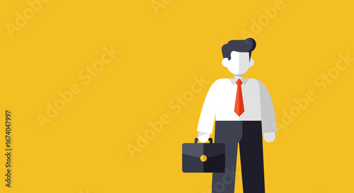Flat design illustration of a professional businessman holding a briefcase, symbolizing career, corporate success, and ambition on a vibrant yellow background. Ideal for business concepts.
