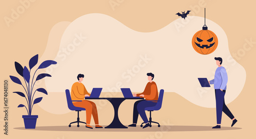 Business professionals collaborating and working on laptops in an office setting, subtly embracing the festive Halloween spirit.