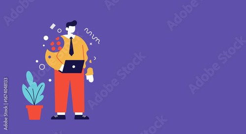 Modern businessman illustration working on a laptop, surrounded by creative abstract elements. Ideal for technology, business, and digital lifestyle concepts.