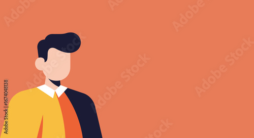 Modern flat design illustration of a male figure with dark hair and a colorful shirt, set against a vibrant orange background. Ideal for business, profile, or digital content.