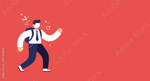 A confident professional or student with a backpack walks forward, surrounded by symbols of ideas and success. Ideal for concepts of progress, education, and business journey.
