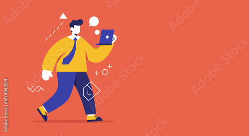 Stylized illustration of a businessman walking with a laptop and thought bubble, representing mobile work, communication, or digital solutions.