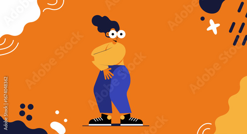 Expressive cartoon character with wide eyes and dynamic pose on a vibrant orange background with abstract shapes. Ideal for modern digital design, marketing, or playful content.