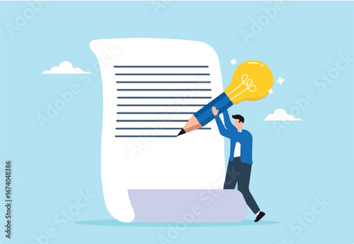 Smart young man utilizes big pencil with light bulb as he writes on paper, illustrating copywriter or blogger. Concept of generating ideas creativity and inspiration to writing and imagination