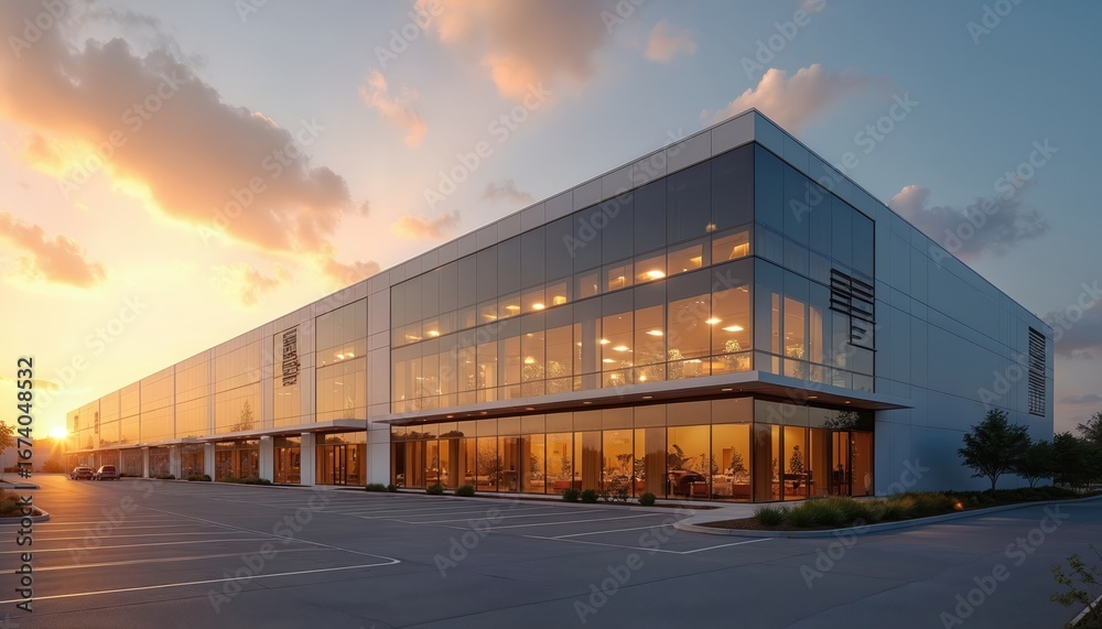 Fototapeta premium Modern warehouse architecture features glass facade reflecting warm sunset sky. Industrial building contemporary commercial real estate design with clean lines, ample lighting, creating inviting