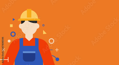 Flat design illustration of a worker in a hard hat and overalls on an orange background, perfect for construction, handyman, or industry concepts.