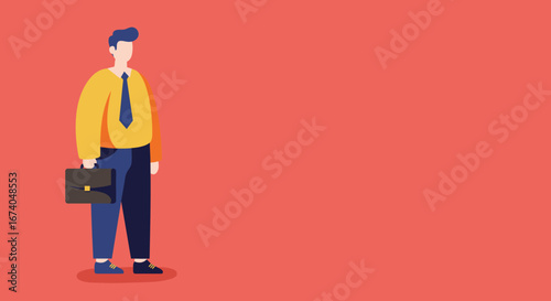 Professional businessman illustration standing with a briefcase on a vibrant red background, representing career opportunities, employment, and corporate success. Ideal for business concepts.