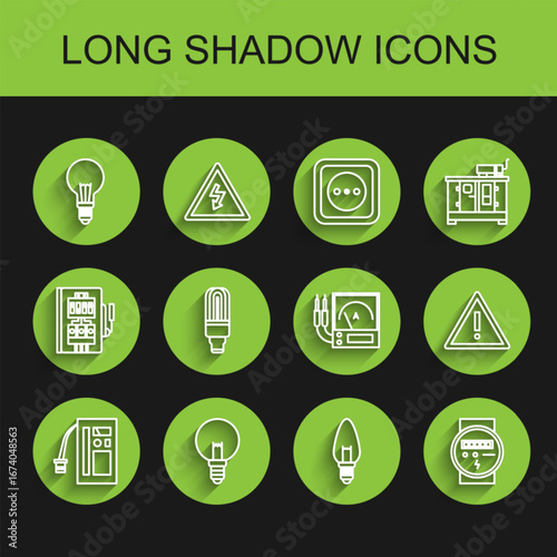Set line Battery, Light bulb, with concept of idea, Electric meter, LED light, Exclamation mark in triangle and Ampere multimeter, voltmeter icon. Vector