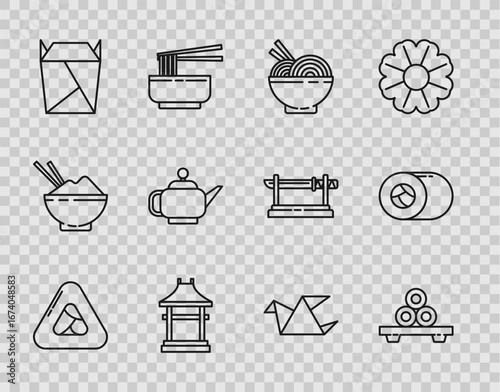 Set line Sushi, on cutting board, Asian noodles bowl and chopsticks, Japan Gate, Rstaurant opened take out box filled, Japanese tea ceremony, Origami bird and icon. Vector
