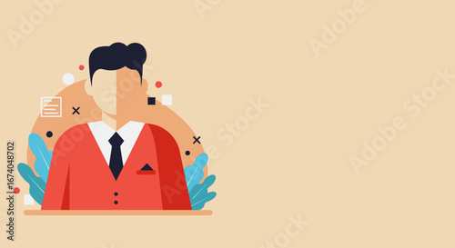 Professional male avatar in business attire, symbolizing corporate identity, recruitment, or professional services. Flat design illustration with copy space.
