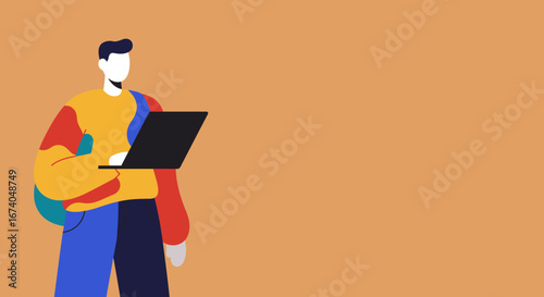 Stylized illustration of a young person using a laptop with a backpack, symbolizing online learning, remote work, and a digital lifestyle. Ideal for education, technology, and freelance concepts.