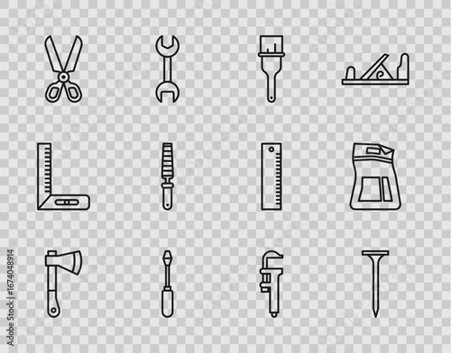 Set line Wooden axe, Metallic nail, Paint brush, Screwdriver, Scissors, Chisel tool for wood, Calliper caliper and scale and Cement bag icon. Vector