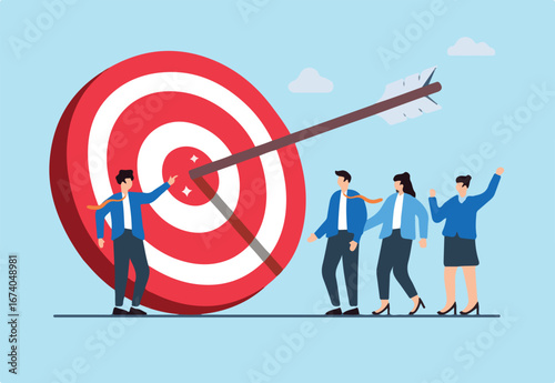 Flat illustration of businessman points arrow at bullseye target leading colleagues towards company goals