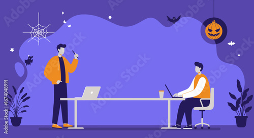Two professionals in a modern office, one presenting ideas while the other works on a laptop, amidst festive Halloween decorations.